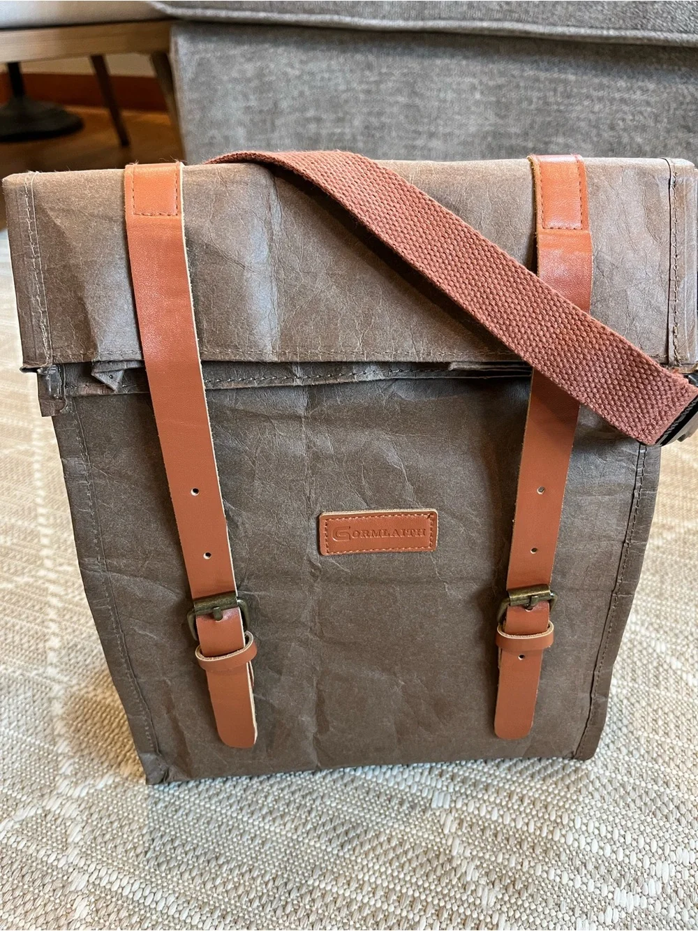 Brown Canvas Messenger Bag with Tan Straps by